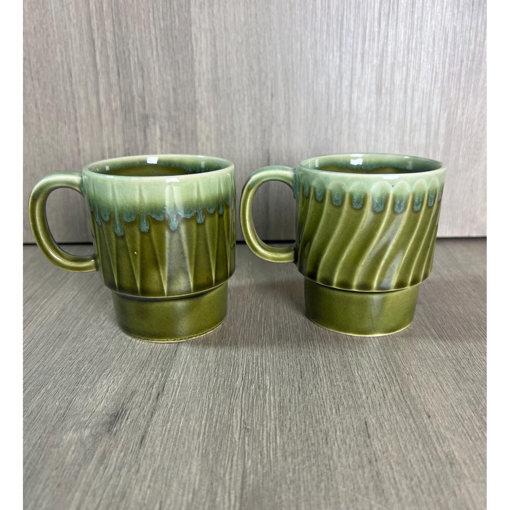 Vintage Japan Stackable Mugs Set of 2 Green Drip Glaze Mid Century Modern Cups